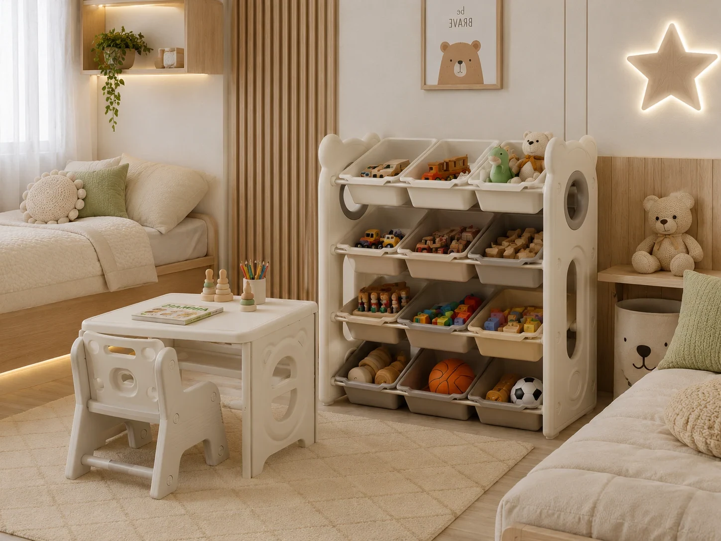 Quarto infantil organizado com organizador e mesinha Trecco