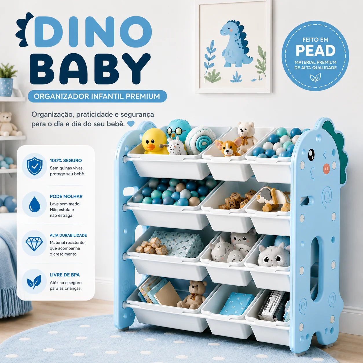 Organizador Dino Baby Azul fundo branco