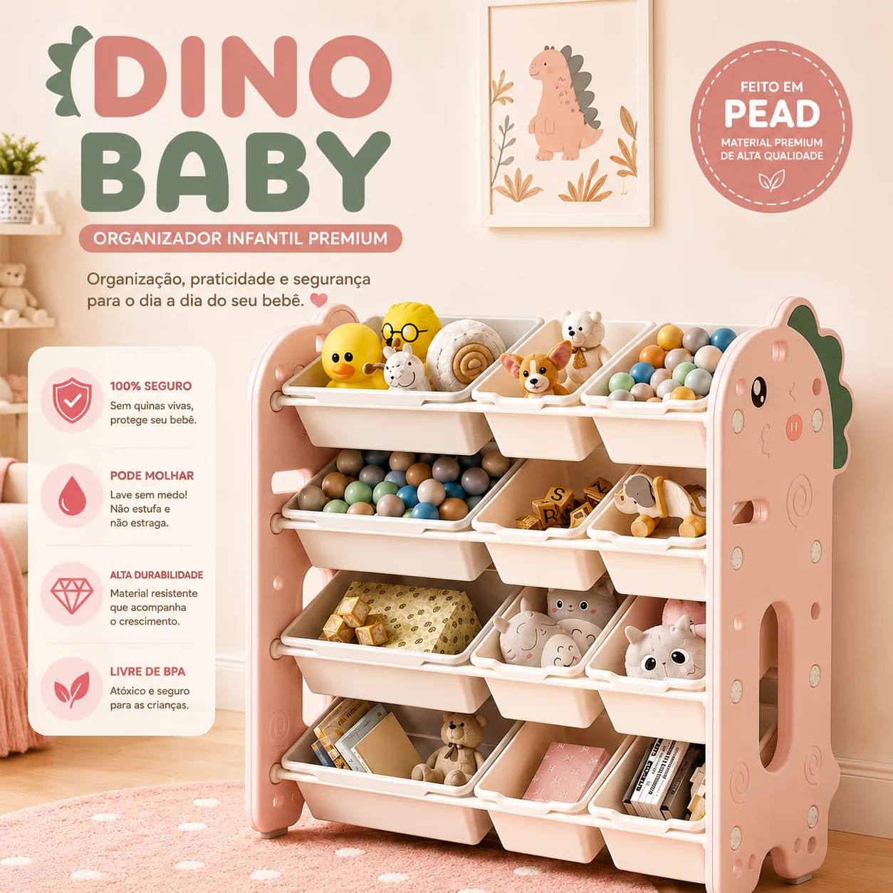 Organizador Dino Baby Rosa fundo branco