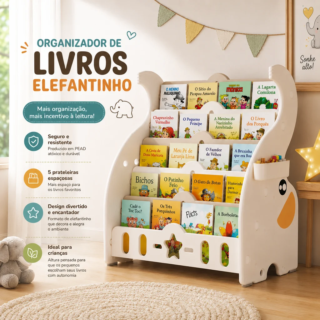 Organizador de Livros Infantis Elefantinho com 5 prateleiras inclinadas em PEAD cor marrom