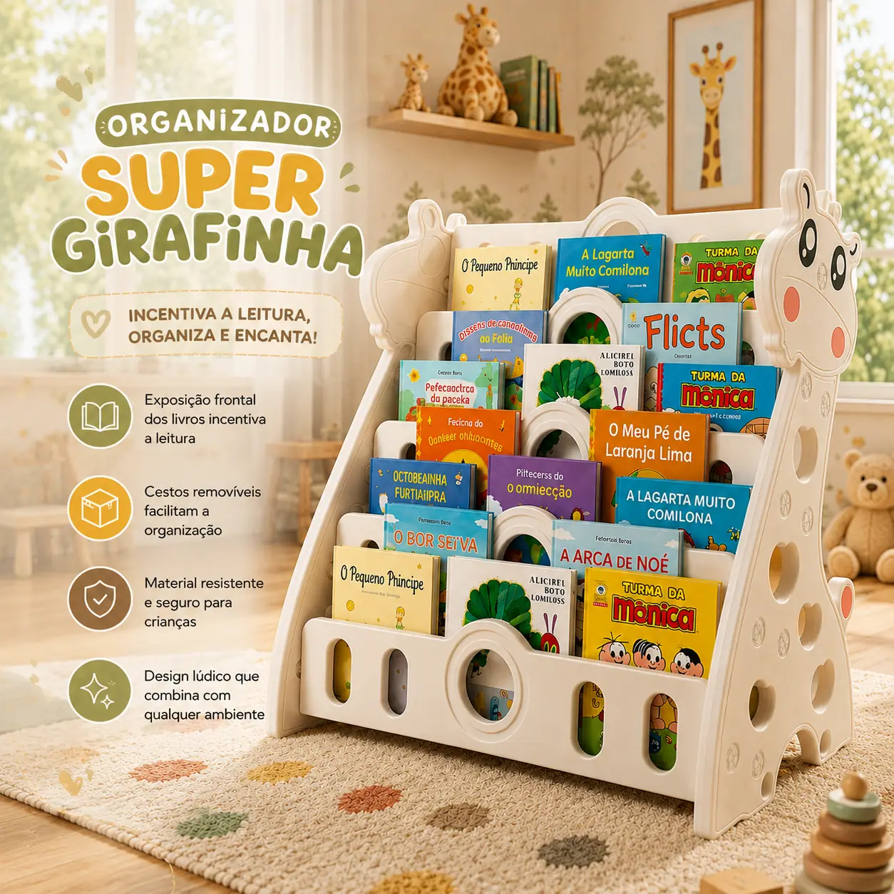 Organizador de Livros Infantis Girafinha com 4 prateleiras inclinadas em PEAD