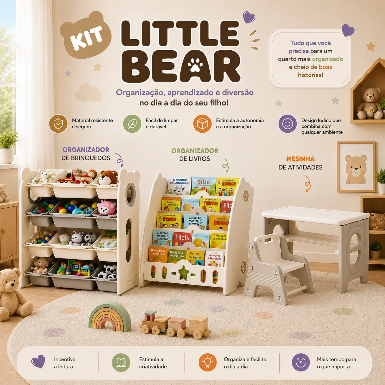 Kit Little Bear — Organizador de Brinquedos, Organizador de Livros e Mesinha de Atividades