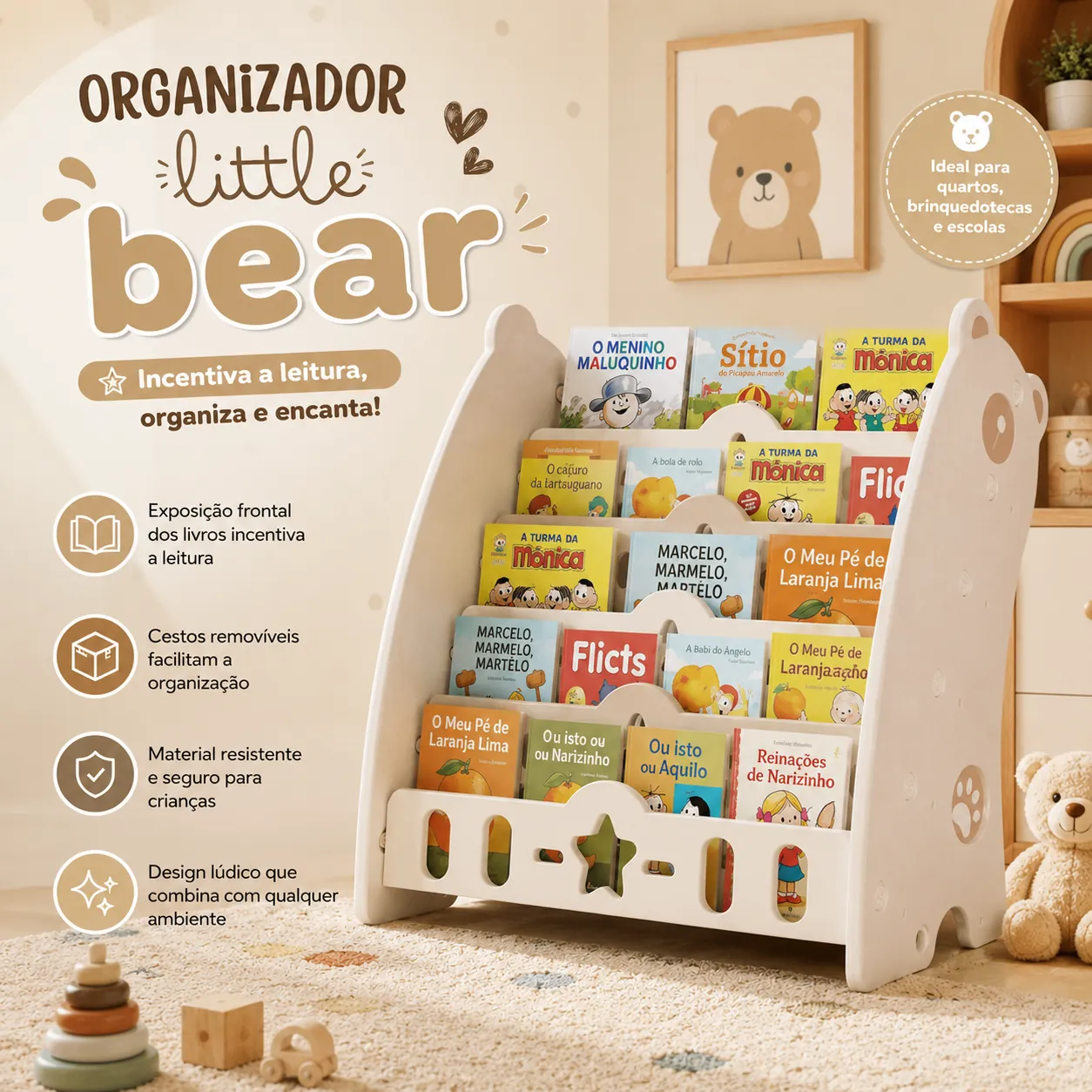 Organizador de Livros Infantis Little Bear Bege com 5 prateleiras em formato de urso