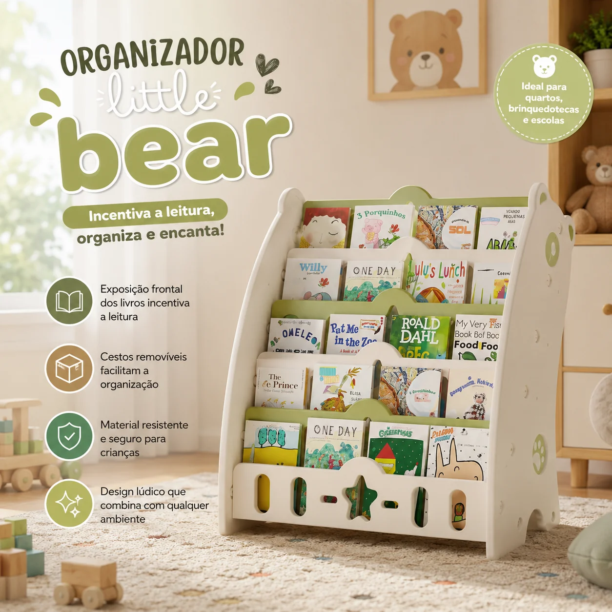 Organizador de Livros Infantis Little Bear Verde com 5 prateleiras em formato de urso