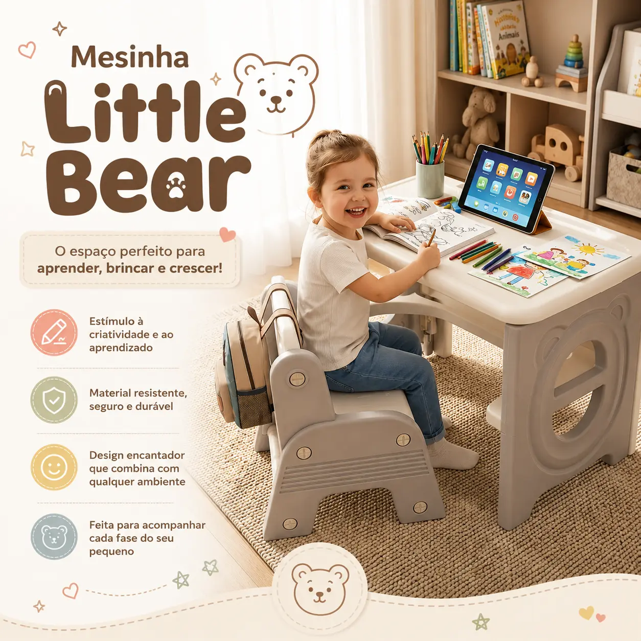 Mesinha Little Bear fundo branco — mesa e cadeira PEAD offwhite