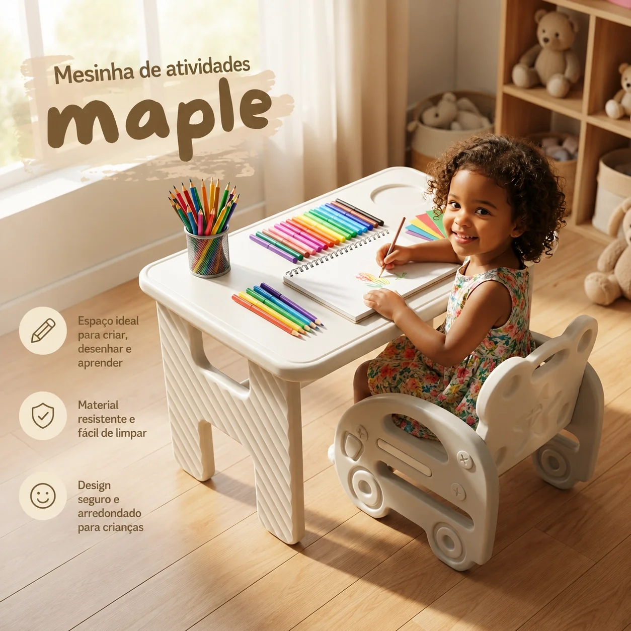 Mesinha Maple fundo branco — mesa e cadeira PEAD offwhite
