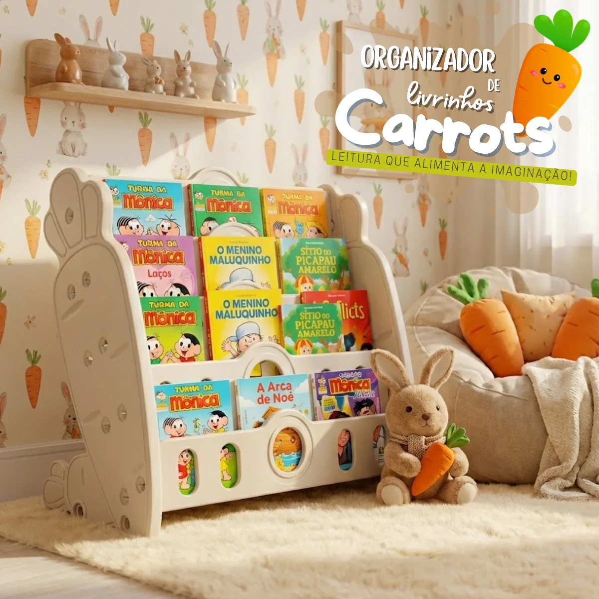 Organizador de Livros Infantis Carrots formato coelho branco com 4 prateleiras